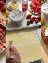 Recept z lístkového cesta: Jahodovo-pistáciový koláč s tvarohom a ružovou vodou
