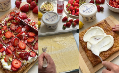 Recept z lístkového cesta: Jahodovo-pistáciový koláč s tvarohom a ružovou vodou