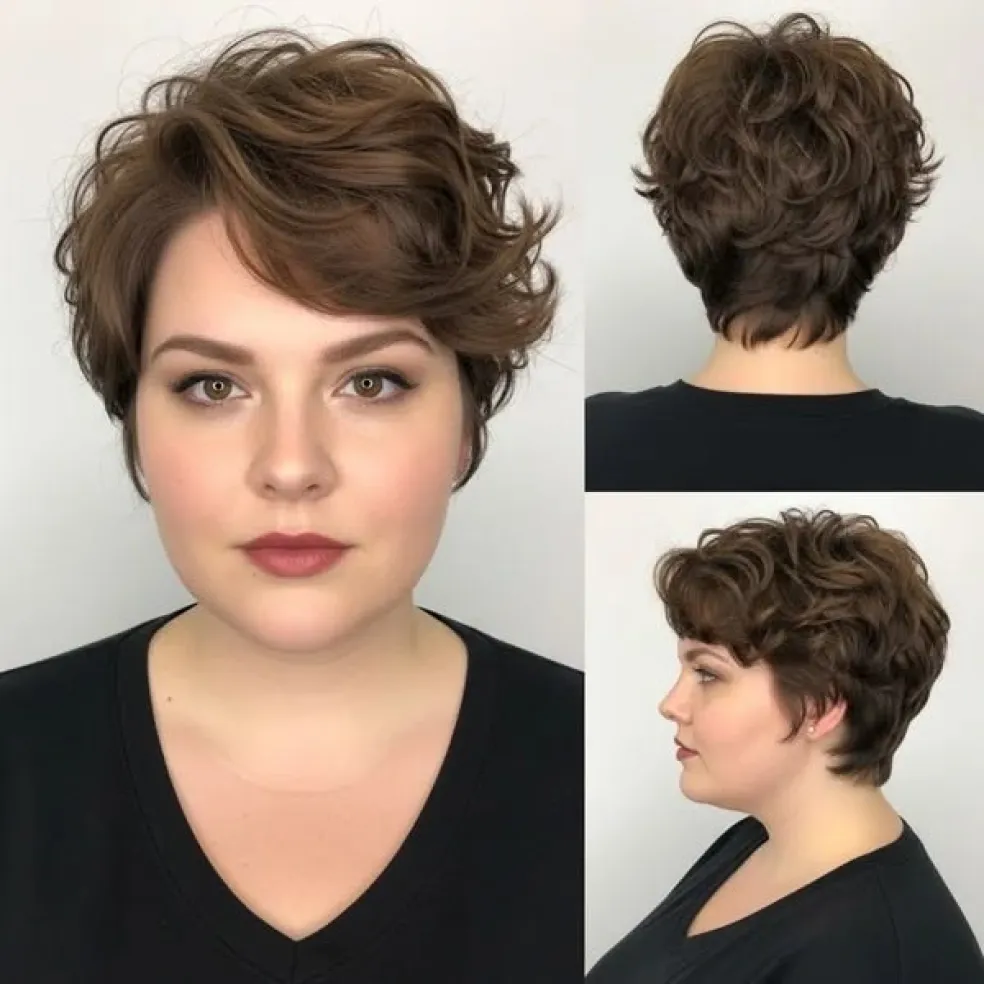 Pixie cut s objemom na temene a bočnou ofinou pre plnšiu tvár zobrazený spredu, zboku a zozadu