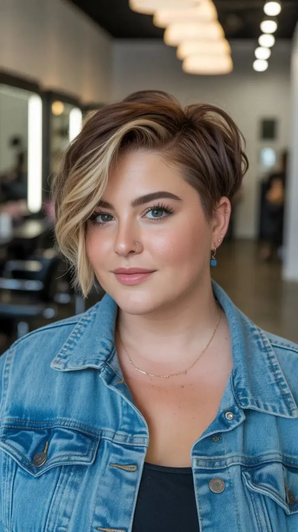 symetrický pixie cut s dlhou bočnou ofinou a objemom na temene pre plnšiu tvár