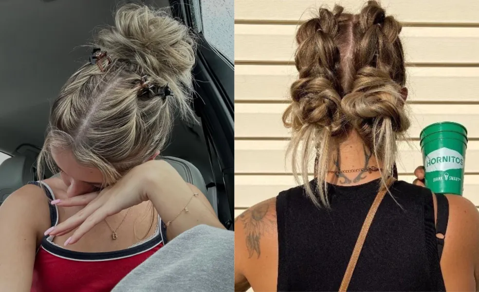Dva kreatívne účesy pre mastné vlasy – vysoký messy bun s malými sponkami a dvojité ležérne drdoly na blond vlasoch.