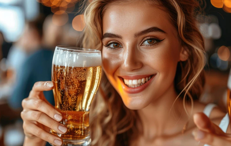pivo na vlasy žena s pohárom piva