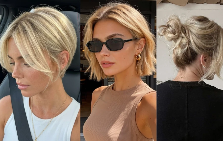 Ženy s jemnými blond vlasmi ostrihanými do blunt bobu po sánku